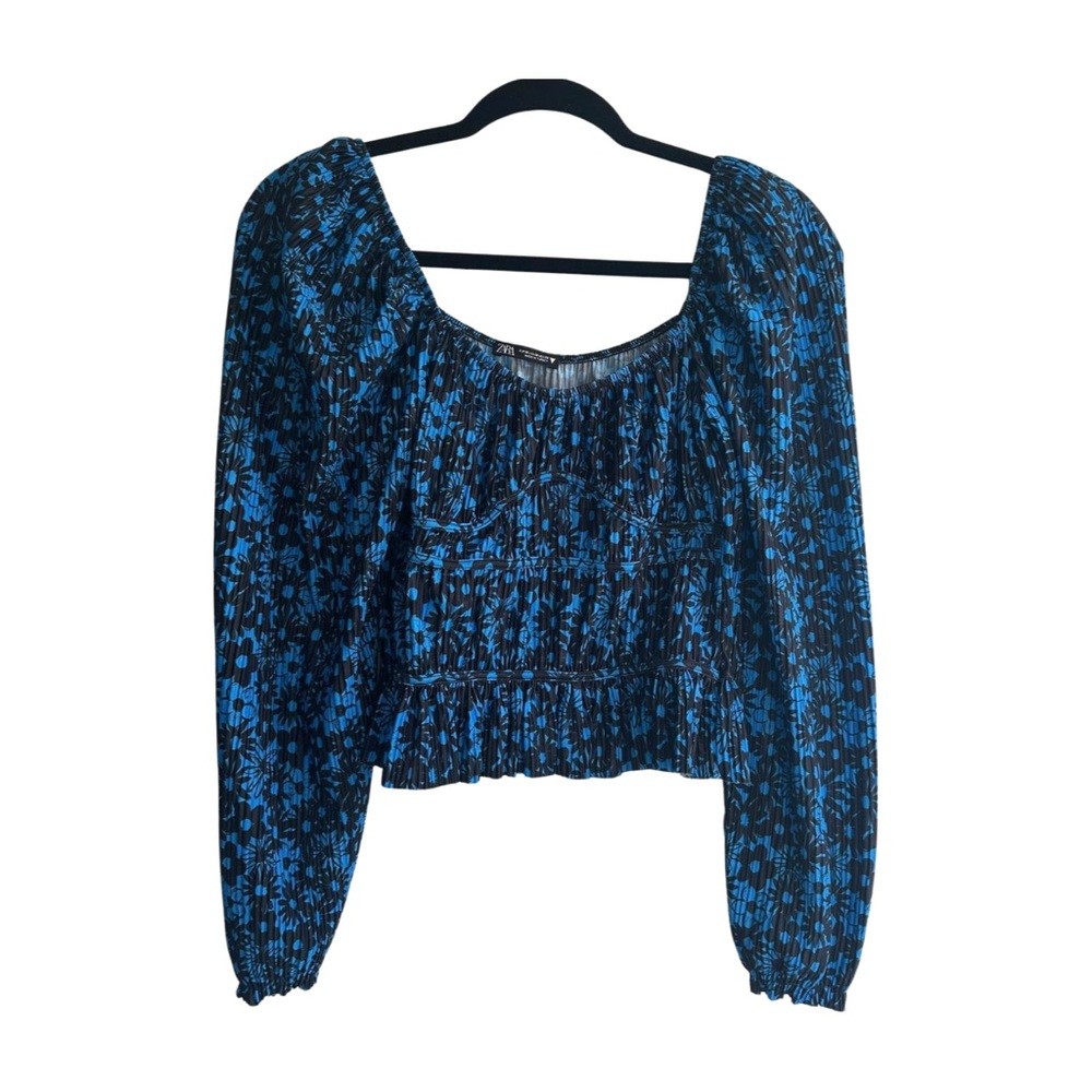 ZARA Black & Blue Floral Long Sleeve Top – Boho Micro Pleated Size Medium
